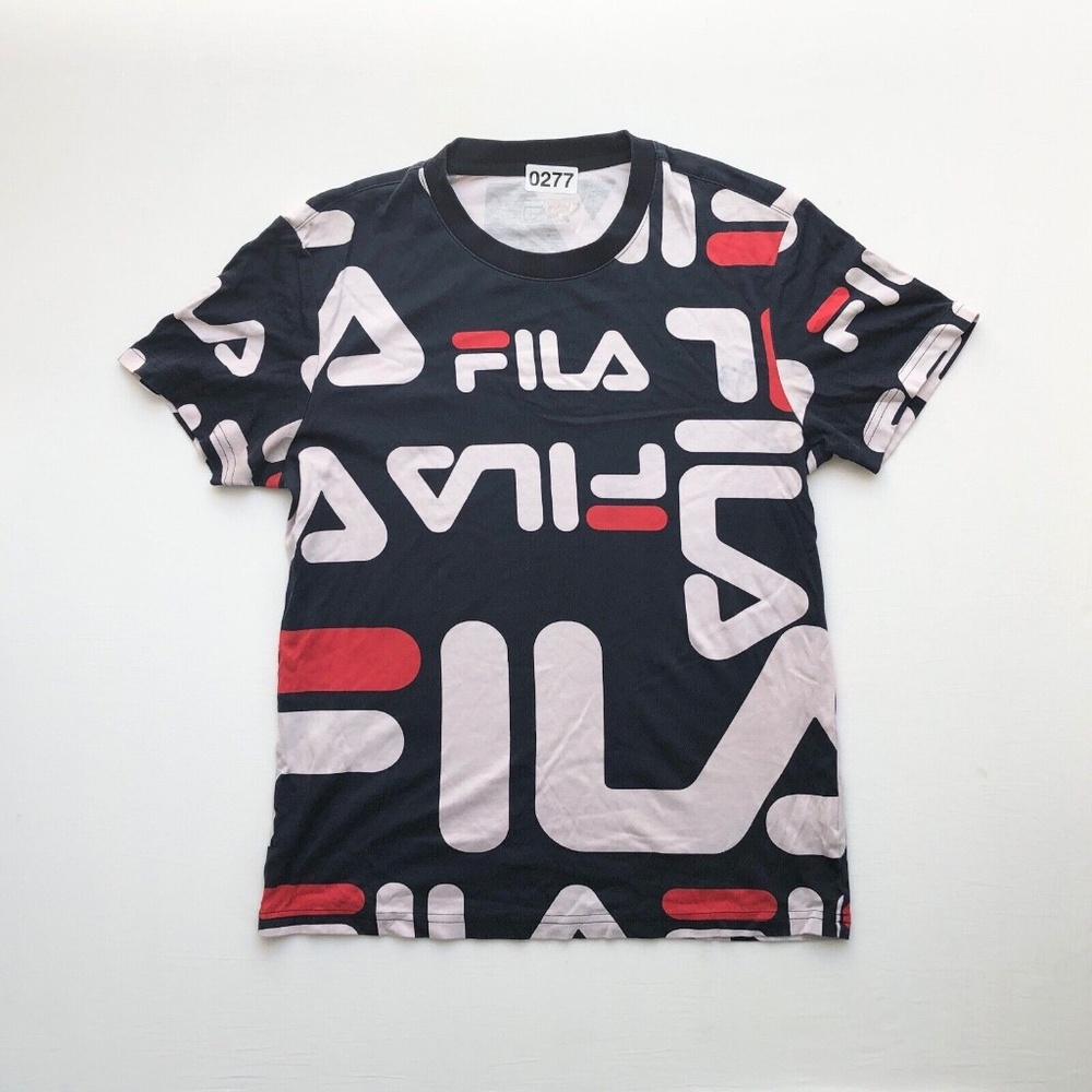Navy Blue Red White 100% Cotton FILA Logo Crew Neck Short Sleeve T-Shirt M L